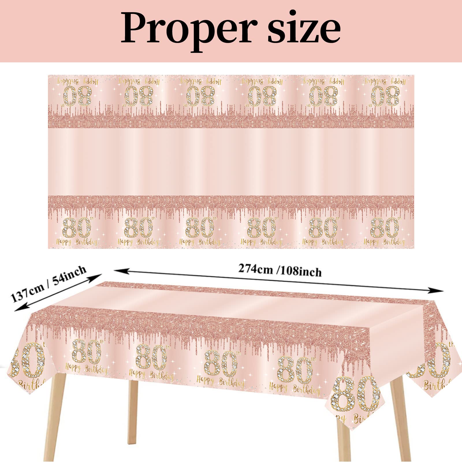 Excelloon 3 Pack 80th Birthday Tablecloth Decorations for Women, Pink Rose Gold Happy 80 Birthday Table Cover Party Supplies, 80 Year Old Birthday Plastic Disposable Rectangular Table Cloth Decor