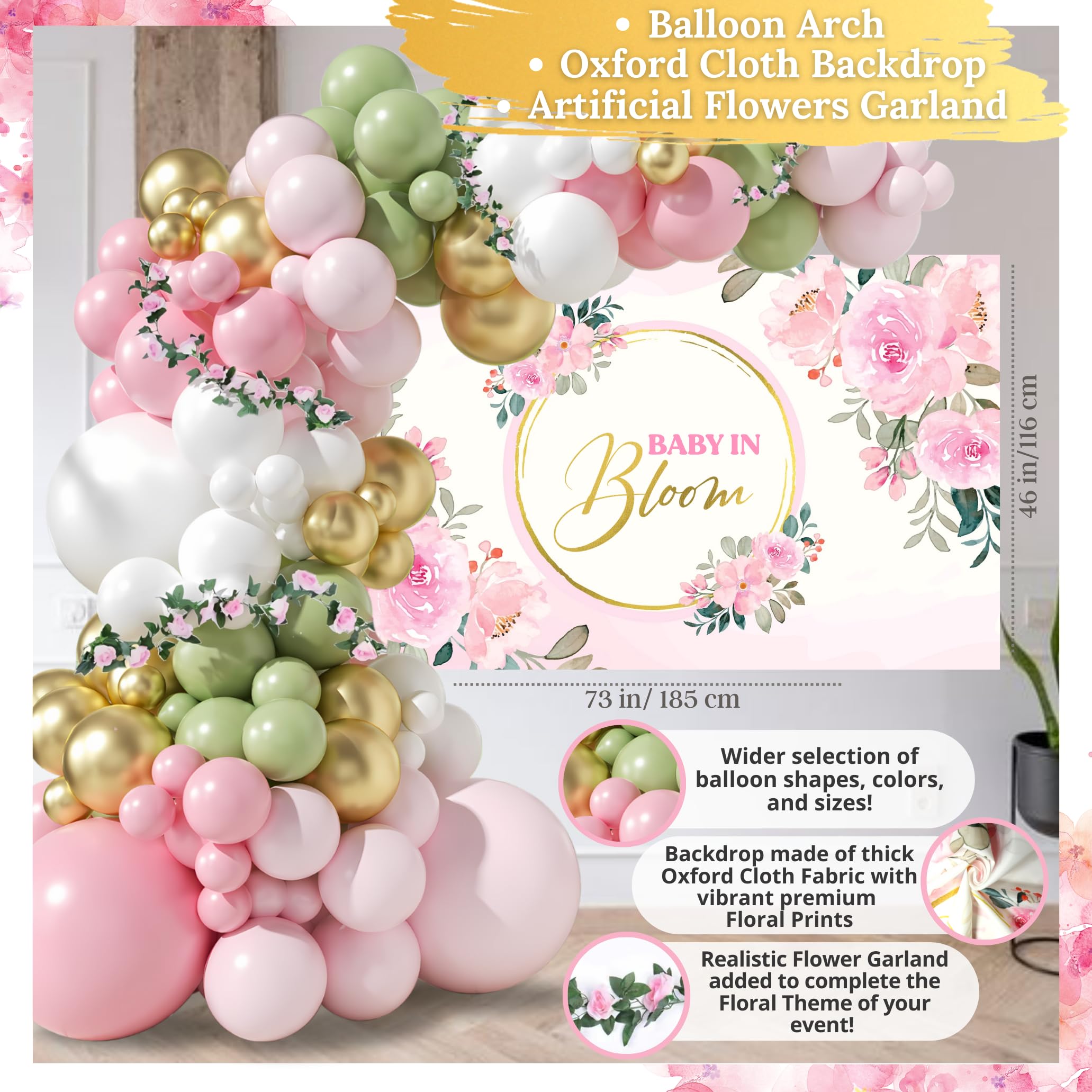 338 PC Baby in Bloom Baby Shower Decorations for Girl - Balloon Arch Garland & Baby Boxes with Letters, Backdrop, Cake topers, Sash and More - Floral Baby Shower Decorations Pink and Sage Green