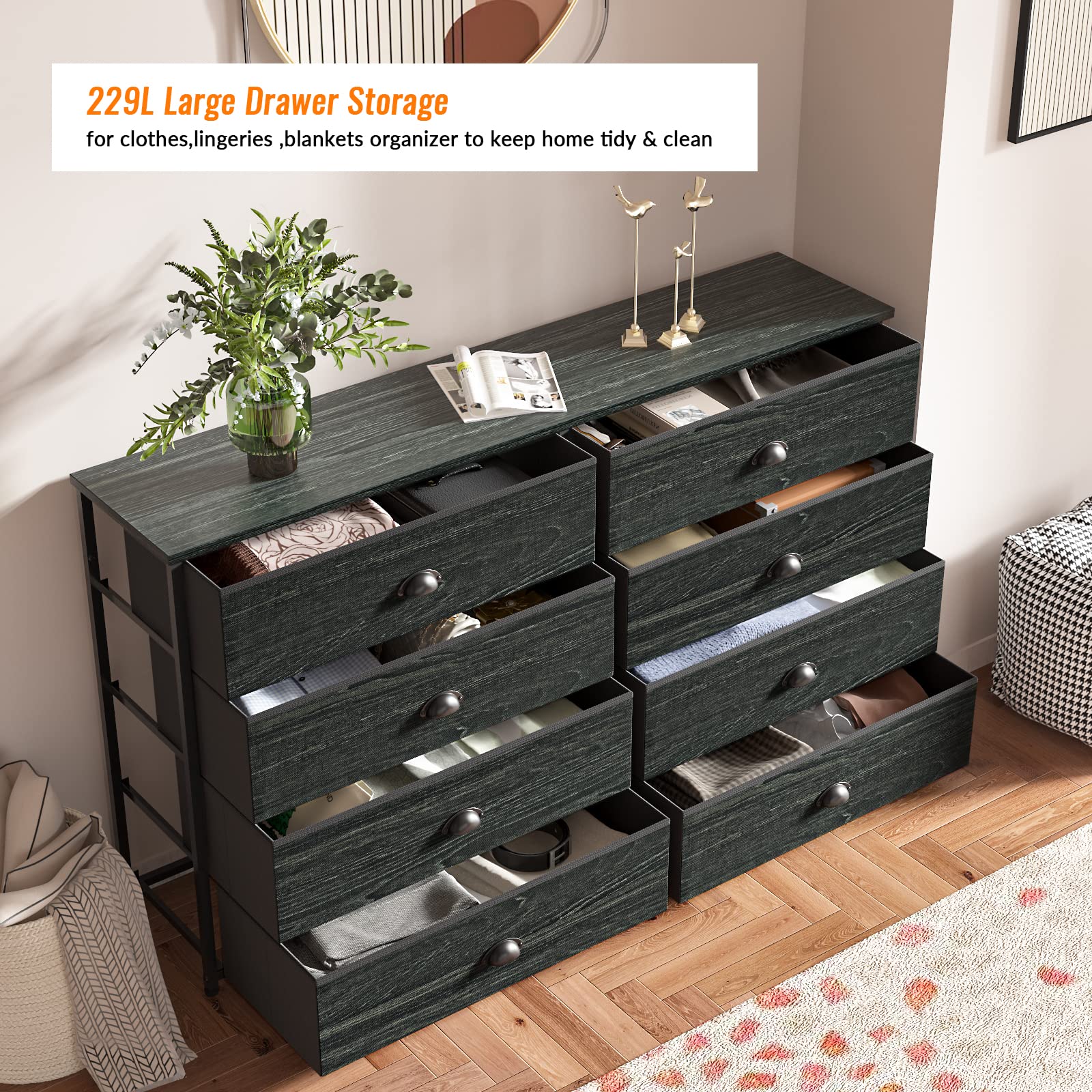 Furnulem Wide Dresser with 8 Fabric Drawers, TV Entertainment Center with Storage for 55'' TV, Large Chest of Drawers for Bedroom, Living Room, Dorm, Closet, Entryway, Wood Top (Black Oak)