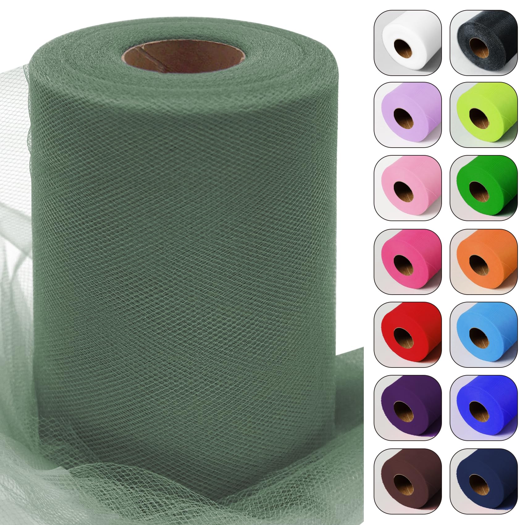 Sage Green Tulle Fabric Roll 6 Inch by 100 Yards (300 feet) Sheer Tulle Netting Spool Tulle Ribbon for Tutu Skirt Christmas Gift Wrapping Wedding Baby Shower Party Decorations DIY Crafts