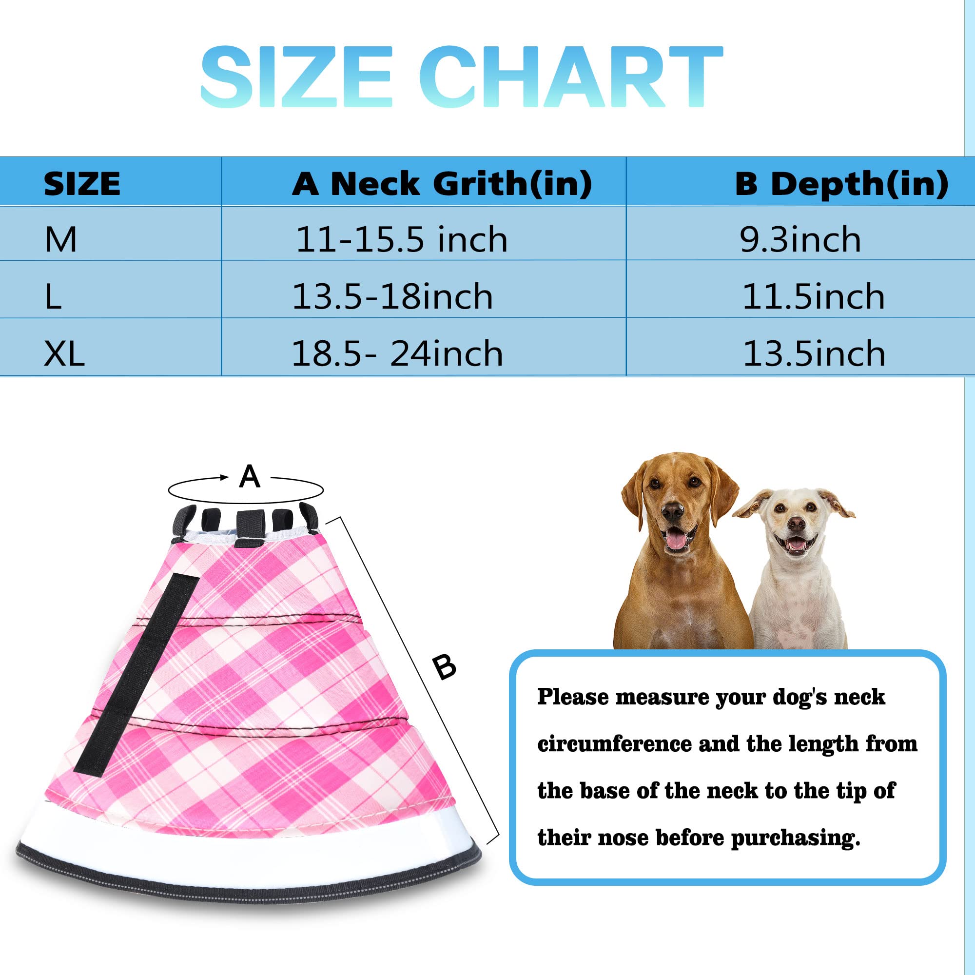 INKZOO Dog Cone Collar for After Surgery, Soft Pet Recovery Collar for Dogs and Cats, Adjustable Cone Collar Protective Collar for Large Medium Small Dogs Wound Healing (Pink Plaid, X-Large)