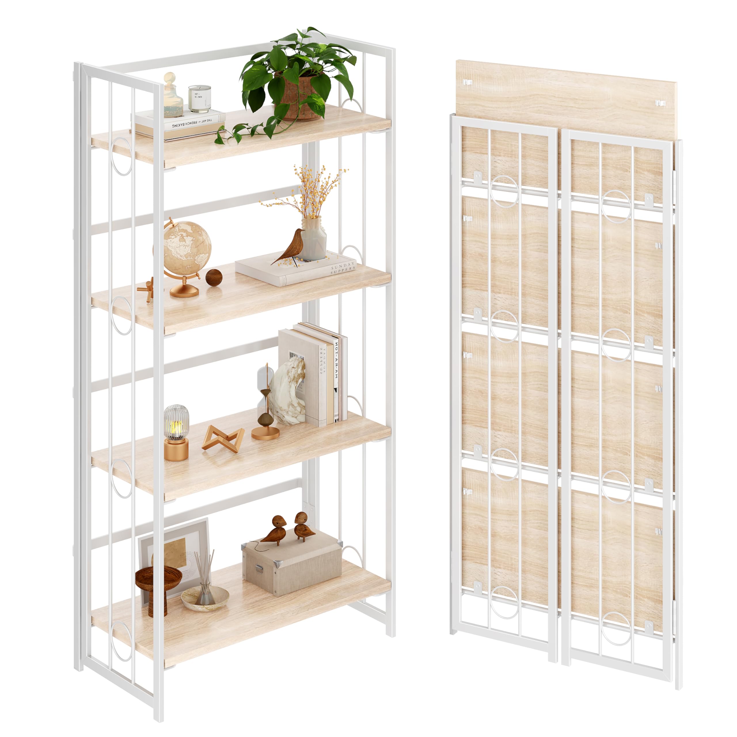 4NM No-Assembly 4 Tiers Folding Bookshelf Storage Shelves Vintage Bookcase Standing Racks Study Organizer Home Office - Natural and White