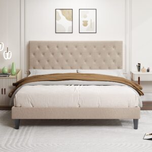 Allewie King Bed Frame with Adjustable Headboard/Diamond Stitched Button Tufted/Fabric Upholstered Platform Bed Frame/Wood Slat Support/No Box Spring Needed/Easy Assembly, Beige