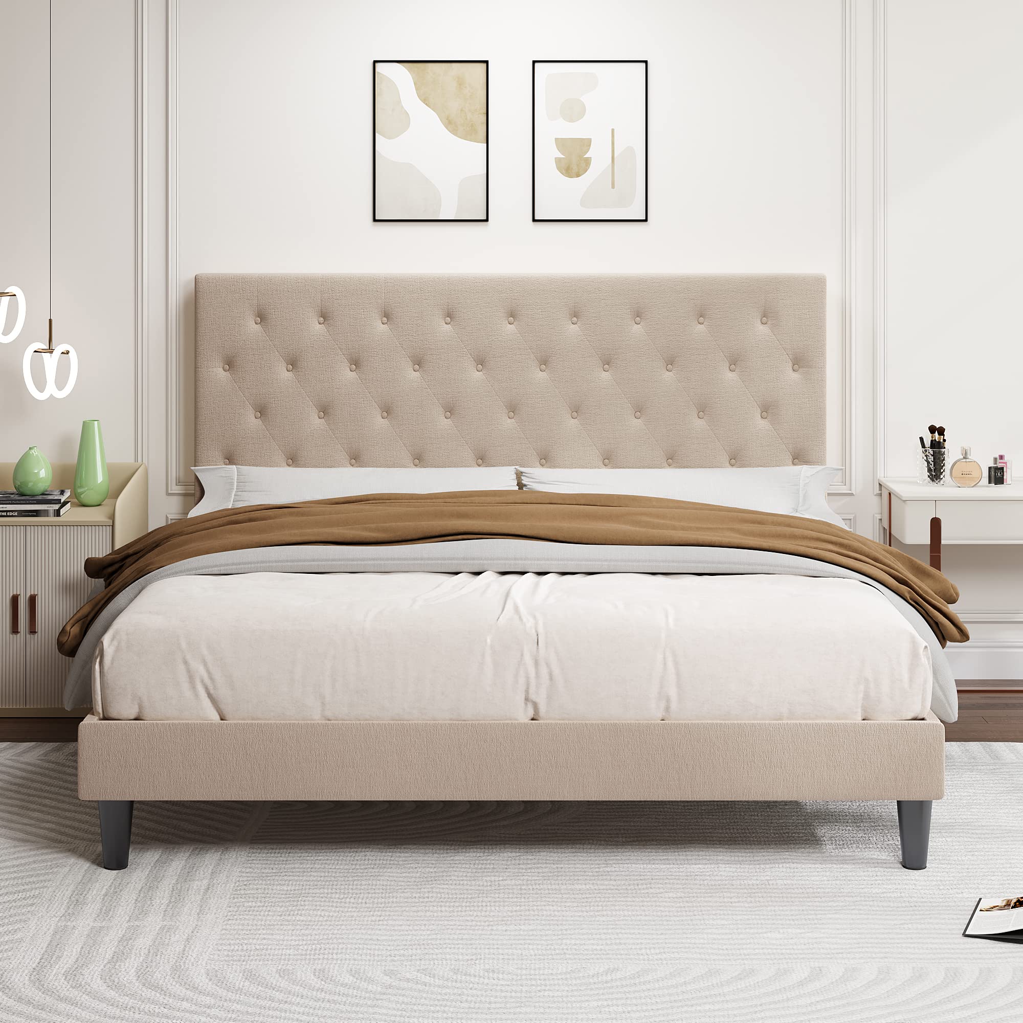 Allewie King Bed Frame with Adjustable Headboard/Diamond Stitched Button Tufted/Fabric Upholstered Platform Bed Frame/Wood Slat Support/No Box Spring Needed/Easy Assembly, Beige