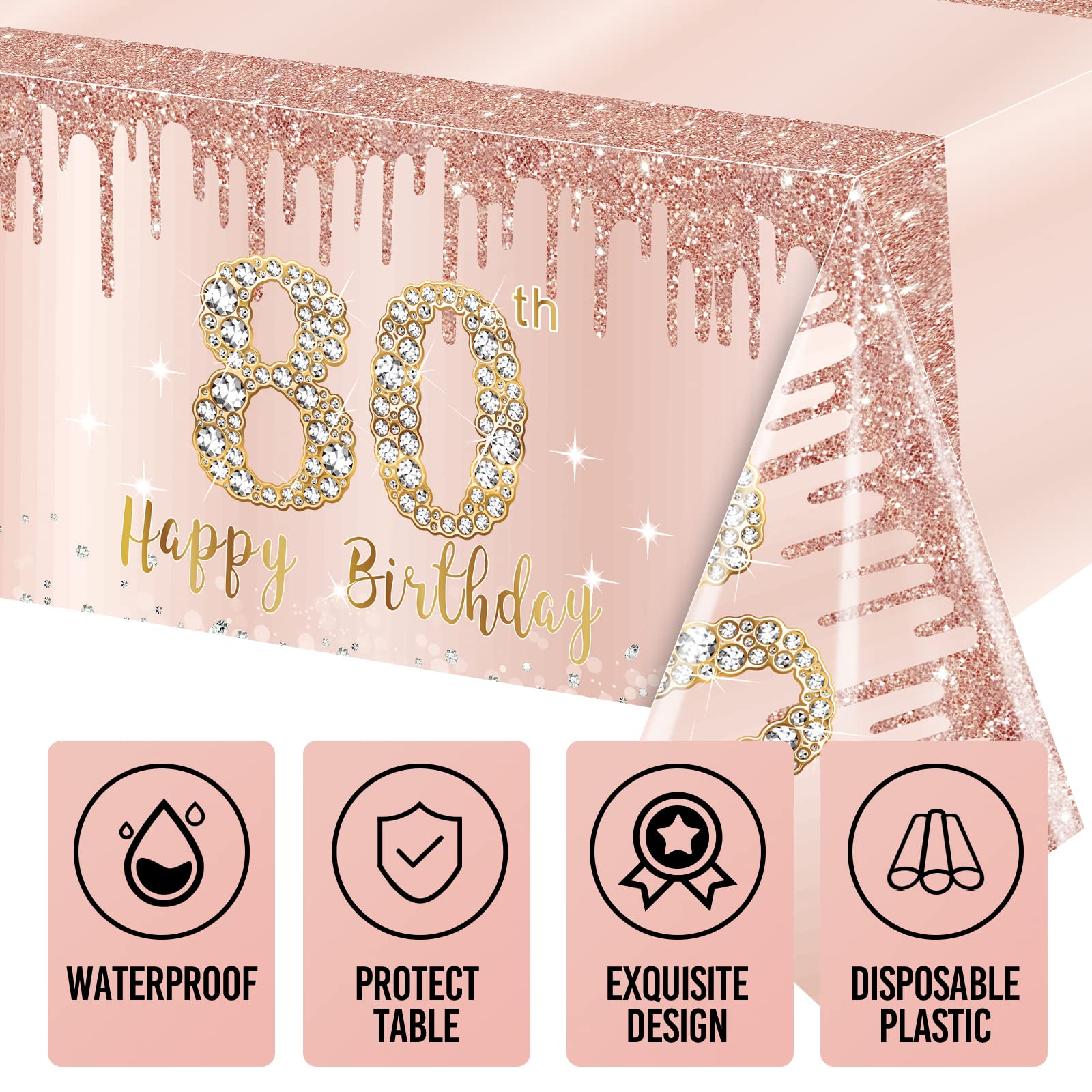 Excelloon 3 Pack 80th Birthday Tablecloth Decorations for Women, Pink Rose Gold Happy 80 Birthday Table Cover Party Supplies, 80 Year Old Birthday Plastic Disposable Rectangular Table Cloth Decor