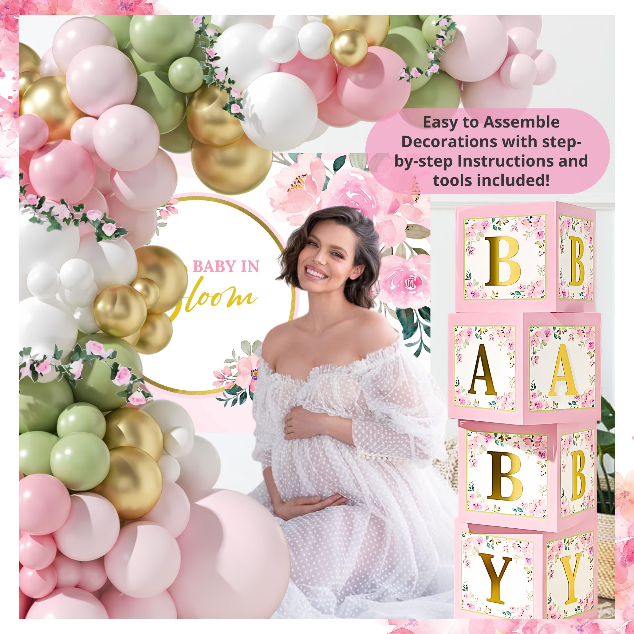 338 PC Baby in Bloom Baby Shower Decorations for Girl - Balloon Arch Garland & Baby Boxes with Letters, Backdrop, Cake topers, Sash and More - Floral Baby Shower Decorations Pink and Sage Green