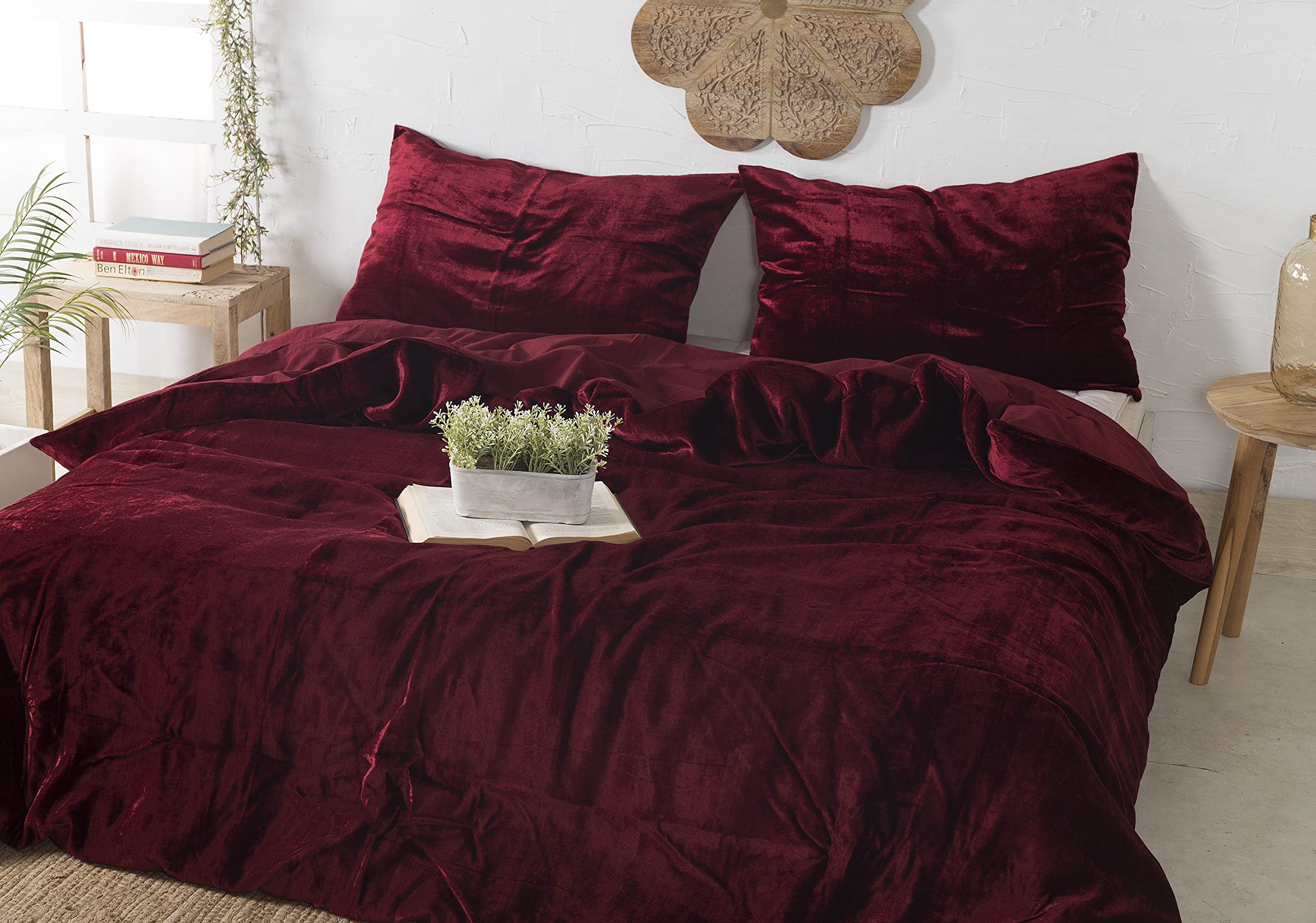 Madhu International Wine Red Velvet Duvet Cover - Made of Premium Rayon Velvet - Twin Size Duvet and Pillow Cover Set of 3 - Luxury Boho Bedding - UO Comforter Cover Quilt - 68 inches x 90 inch