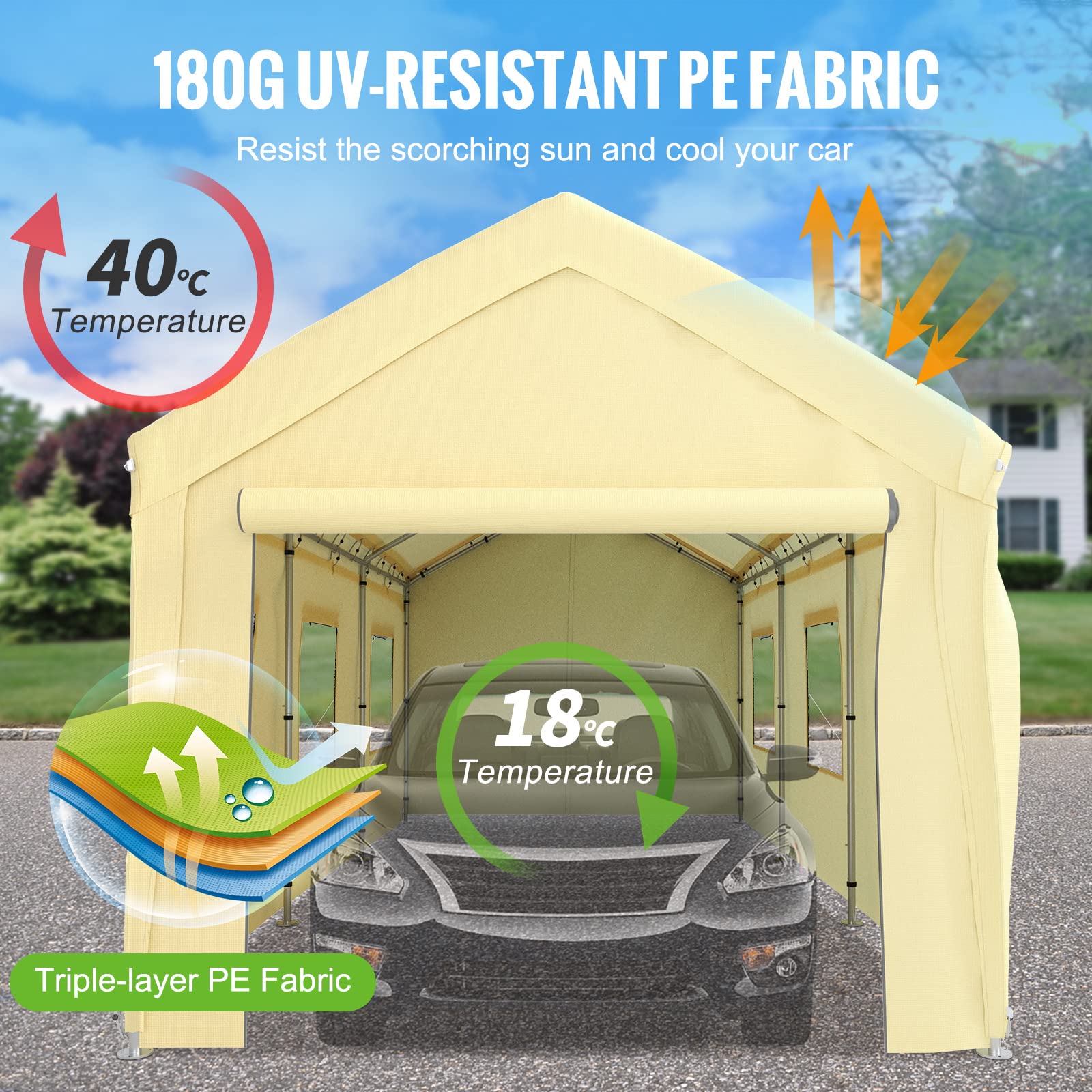 VEVOR 10 x 20 ft Carport Car Canopy, Heavy Duty Garage Shelter with 8 Legs, Removable Sidewalls and Windows, Car Garage Tent for Party, Boat, Adjustable Peak Height from 8.3 ft to 10 ft, Yellow