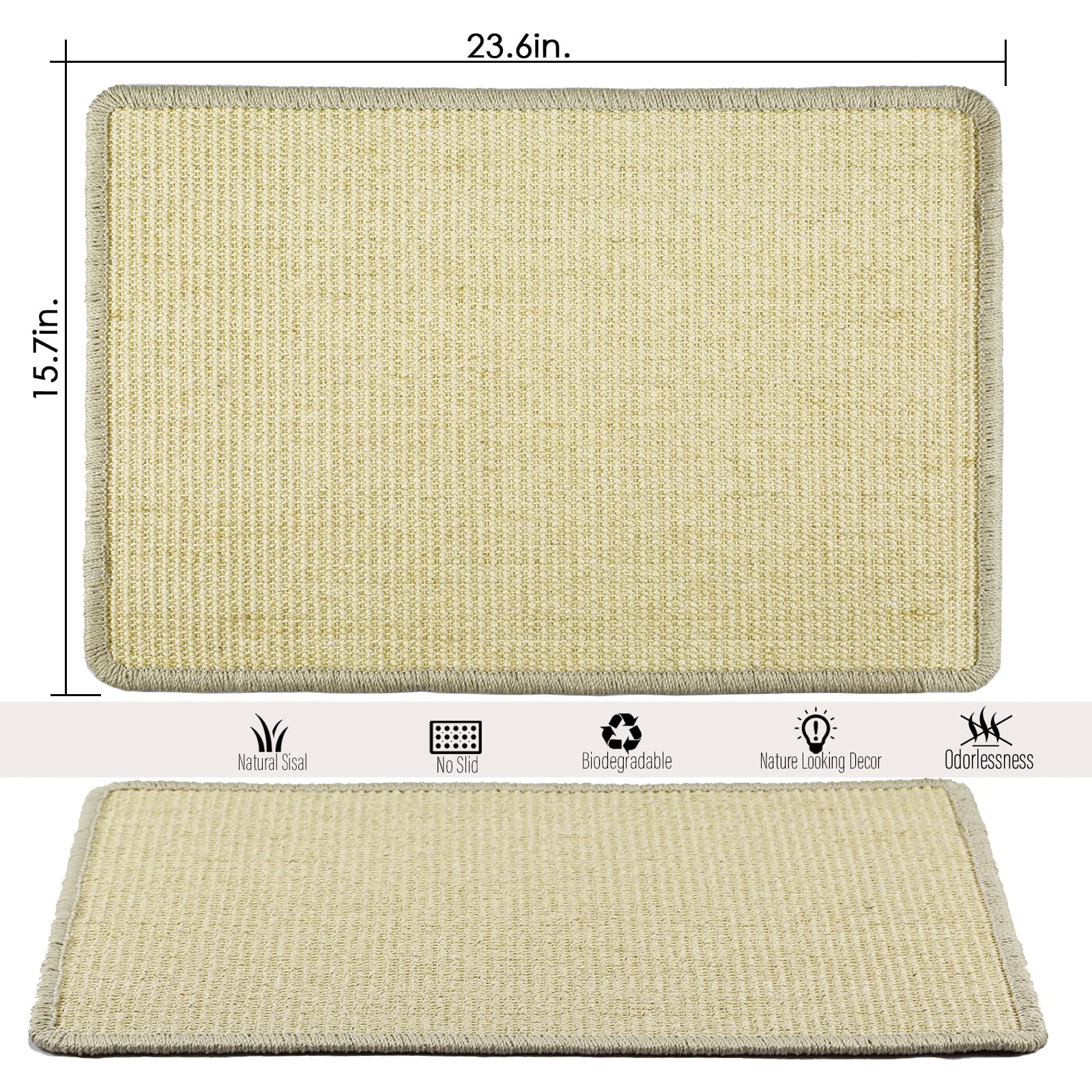 Pethave Cat Scratcher Mat, 23.6x15.7” Natural Sisal Scratching Mat with Velcro Tape,Stick on Floor and Wall Cat Scratch Pad Rug, Horizontal Cat Scratch Mat Protect Carpet and Sofa (Natural Color)