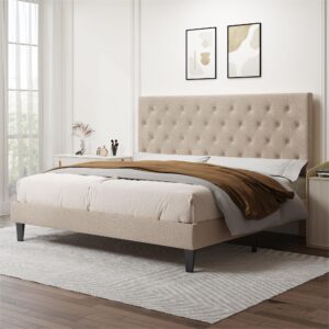 allewie king bed frame with adjustable headboard/diamond stitched button tufted/fabric upholstered platform bed frame/wood slat support/no box spring needed/easy assembly, beige