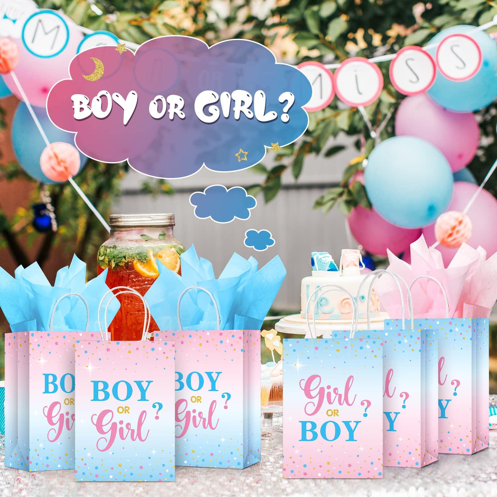 16 Set Gender Reveal Party Gift Bags with Tissue Paper Baby Shower Party Gift Bags, Pink Blue Treat Candy Bags Gender Reveal Paper Bags with Handles