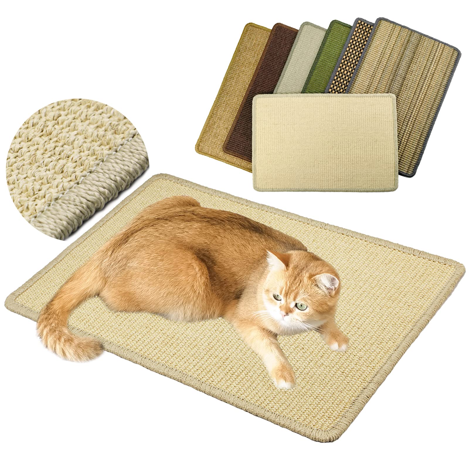 Pethave Cat Scratcher Mat, 23.6x15.7” Natural Sisal Scratching Mat with Velcro Tape,Stick on Floor and Wall Cat Scratch Pad Rug, Horizontal Cat Scratch Mat Protect Carpet and Sofa (Natural Color)