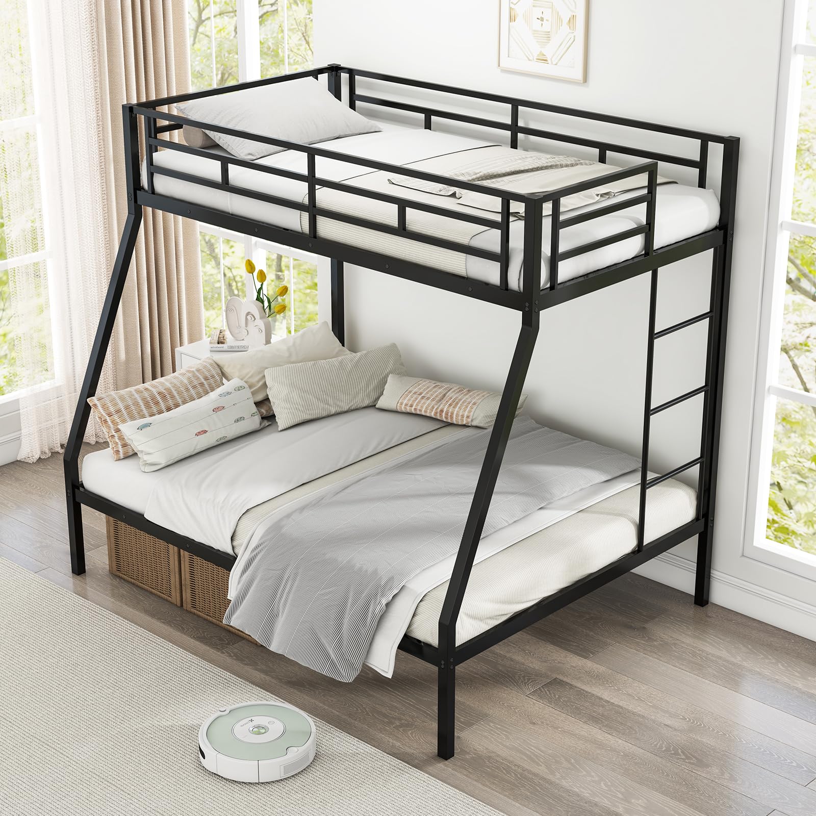 KOMFOTT Metal Twin Over Full Bunk Bed, Heavy Duty Bed Frame with Integrated Ladder, Full-Length Guardrails for Teens & Adults, Space-Saving Bunk Bed for Bedroom & Dorm, No Box Spring Required