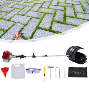 2-stroke 2.3hp gas powered walk behind handheld sweeper 52cc power brush sweeper adjustable back strap, cleaning driveway artificial grass, street and farm sites