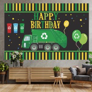 Garbage Truck Trash Trucks Happy Birthday Banner BackdropWaste Management Recycling Bin Theme Decor Decorations for 1st Birthday Party Baby Shower Supplies Favors Background Photo Booth Props Flag