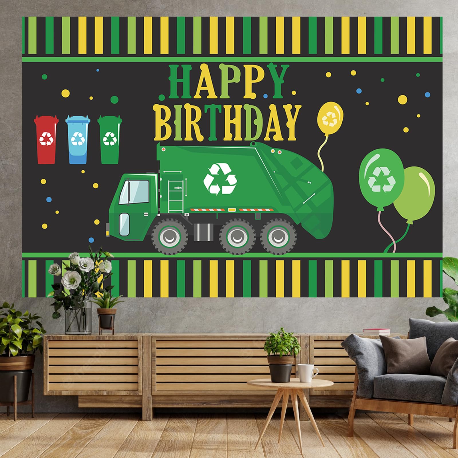 Garbage Truck Trash Trucks Happy Birthday Banner BackdropWaste Management Recycling Bin Theme Decor Decorations for 1st Birthday Party Baby Shower Supplies Favors Background Photo Booth Props Flag