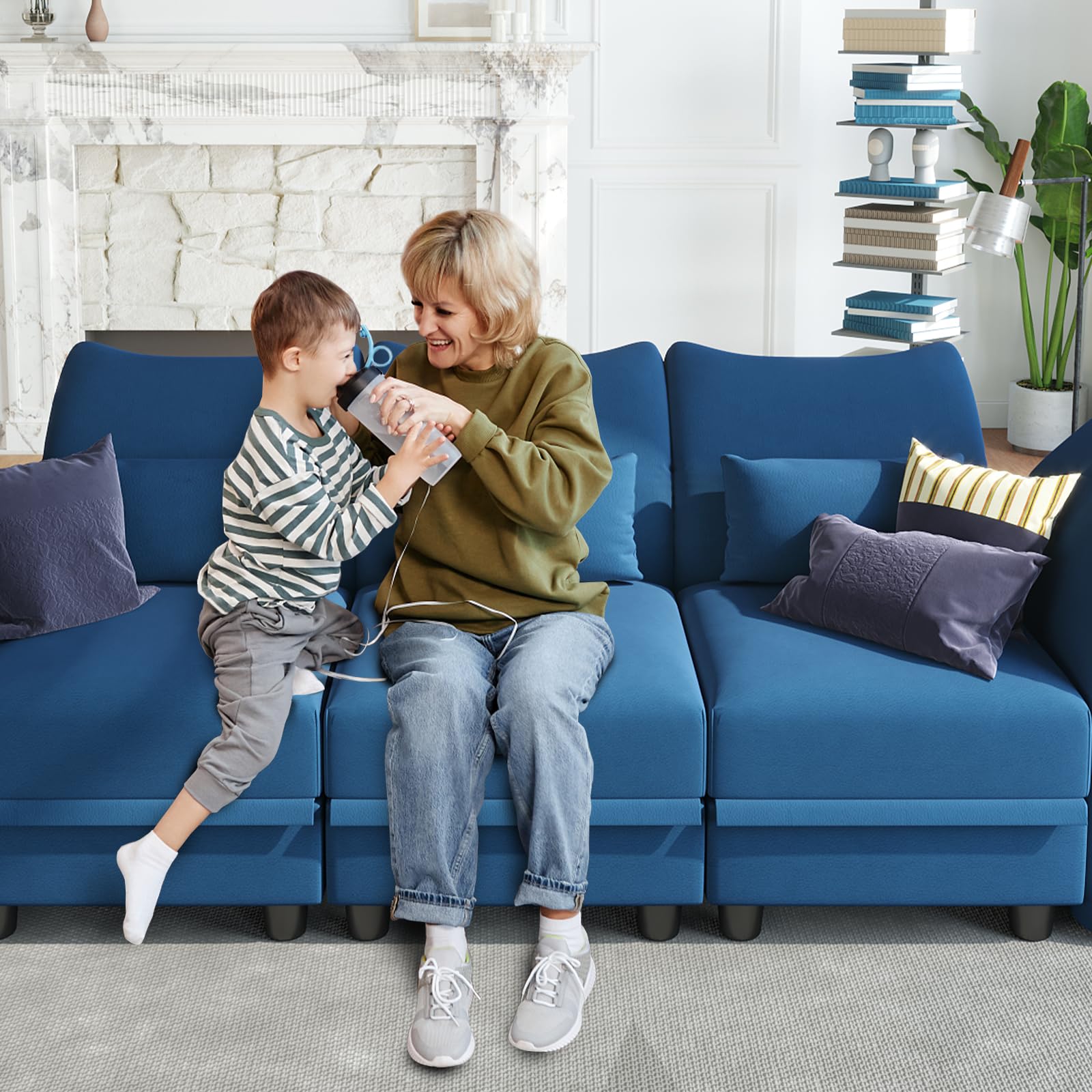 LLappuil Oversized Sleeper Sectional Sofa Couch, 102.2" 9-Seater Bed Shaped Modular Sectional Sofa with Storage Chaise, High Back Recliner Velvet Couches, Anti-Scratch Blue