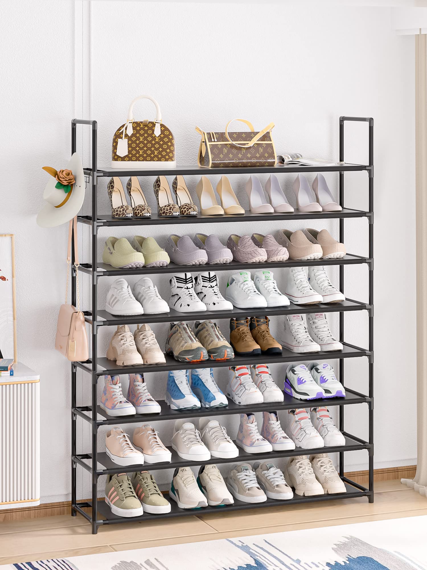 OYREL 8 Tier Shoe Organizer, 33.3in Wide x 11.2in Deep x 55.7in Tall, Black Metal and Plastic Shoe Rack, Holds up to 32-40 Pairs of Shoes