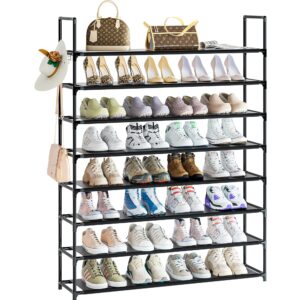 oyrel 8 tier shoe organizer, 33.3in wide x 11.2in deep x 55.7in tall, black metal and plastic shoe rack, holds up to 32-40 pairs of shoes