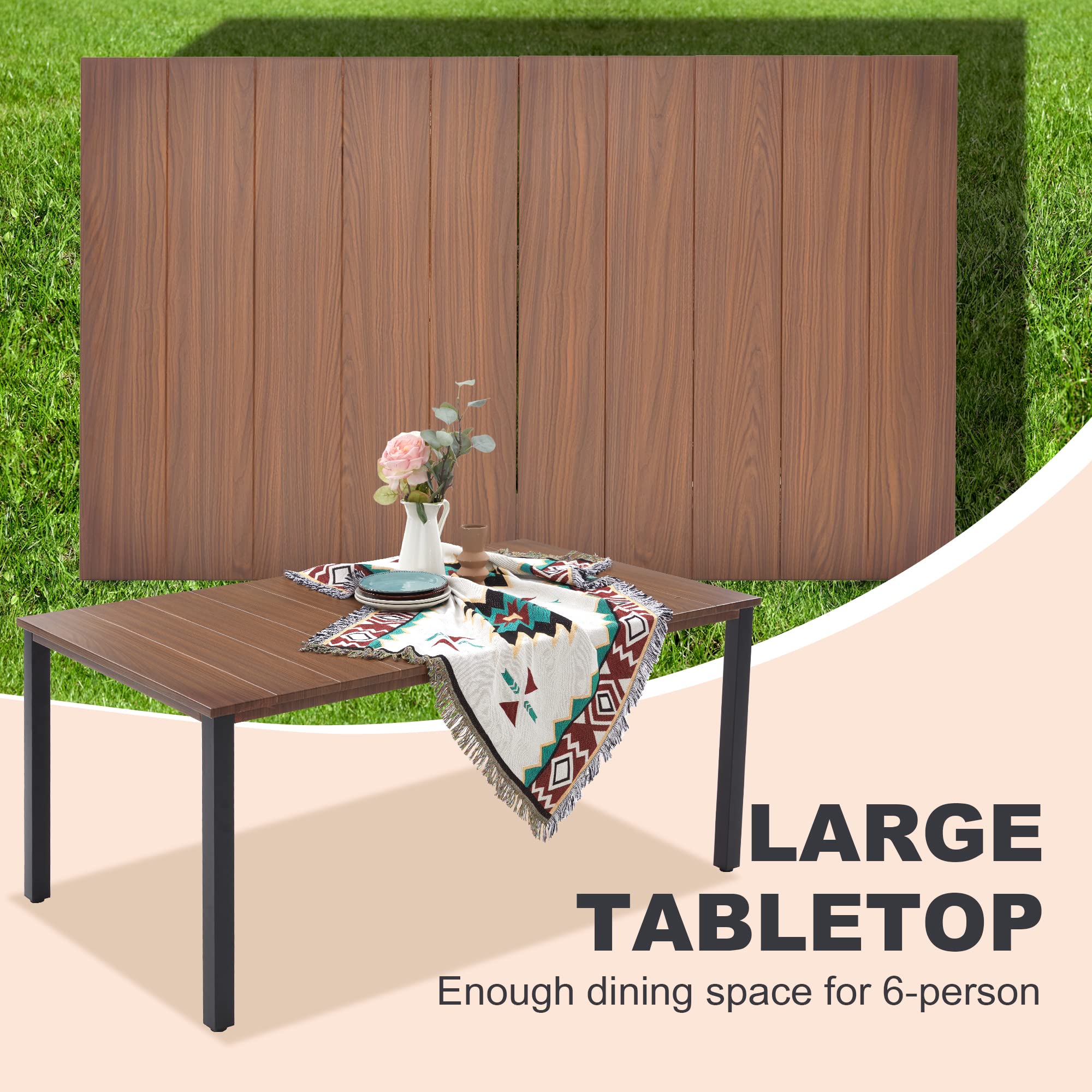 VICLLAX Outdoor Dining Table for 6, 63 Inch Rectangle Patio Dining Table for Outside Patio Furniture Deck Lawn Garden, Walnut