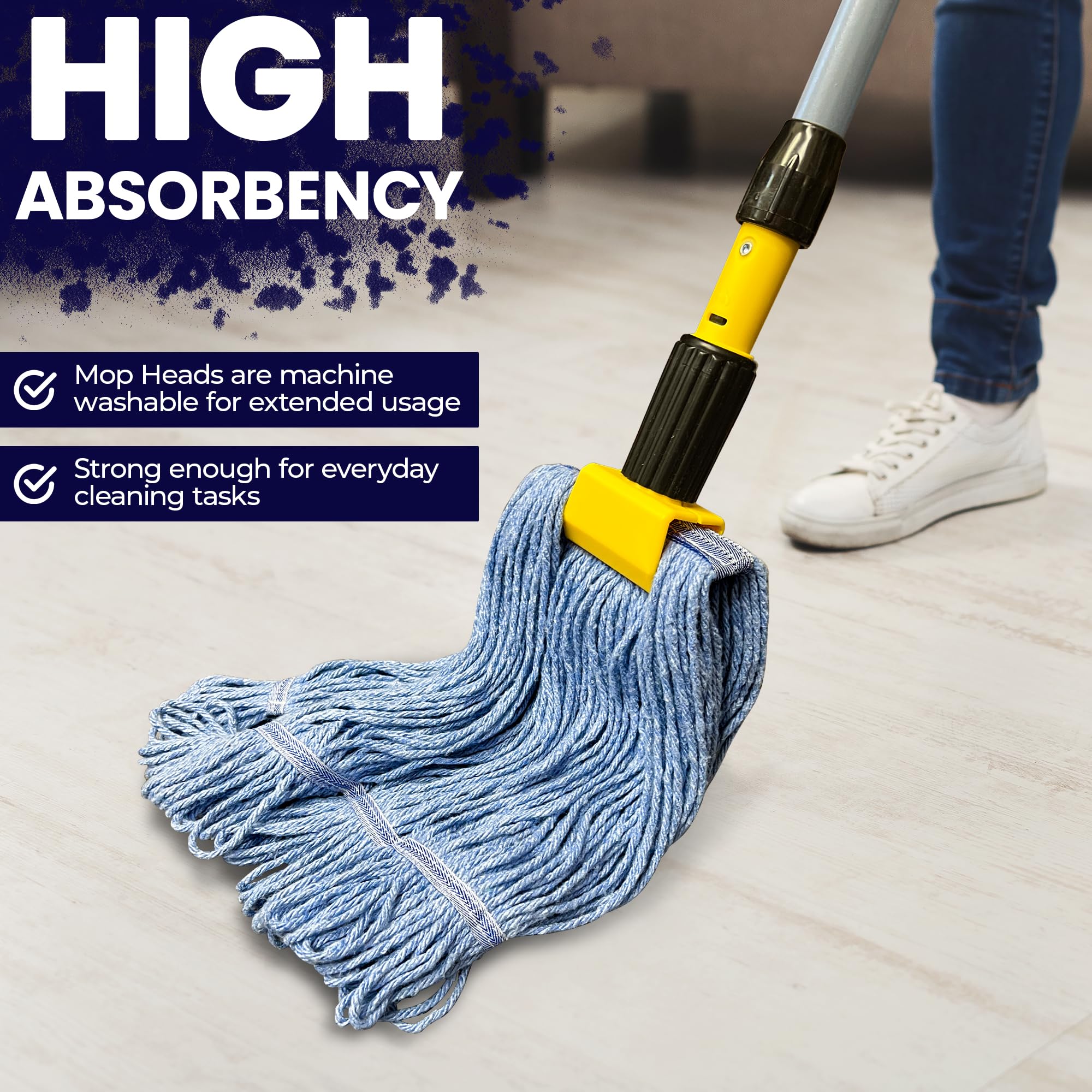 Innovative Haus 3 Pack Heavy Duty Blue Commercial Mop Head Replacement - Synthetic Cotton Blend Looped End String Mop Refill - Industrial Grade Cleaning Use Wet Mop Heads - Durable Universal Headband