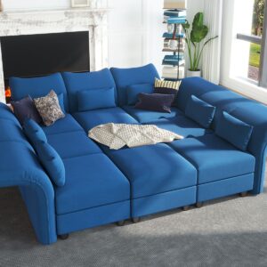 LLappuil Oversized Sleeper Sectional Sofa Couch, 102.2" 9-Seater Bed Shaped Modular Sectional Sofa with Storage Chaise, High Back Recliner Velvet Couches, Anti-Scratch Blue