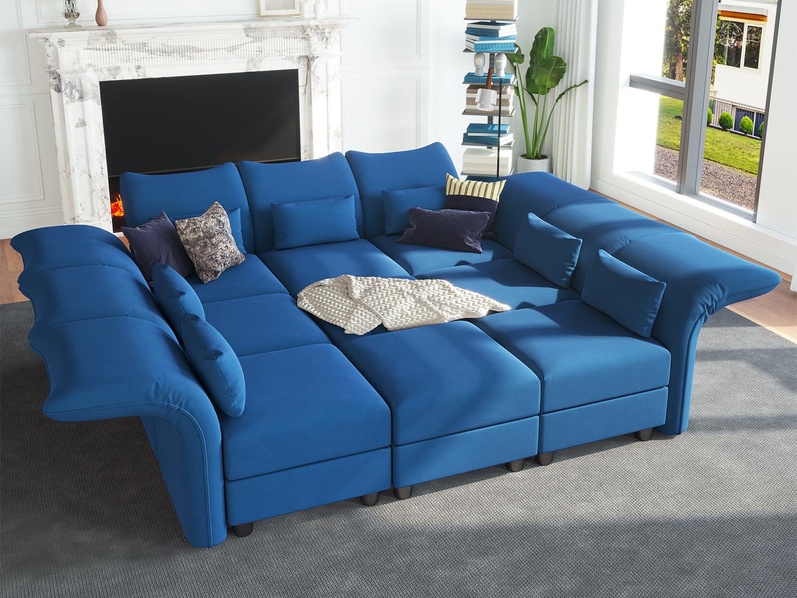 LLappuil Oversized Sleeper Sectional Sofa Couch, 102.2" 9-Seater Bed Shaped Modular Sectional Sofa with Storage Chaise, High Back Recliner Velvet Couches, Anti-Scratch Blue