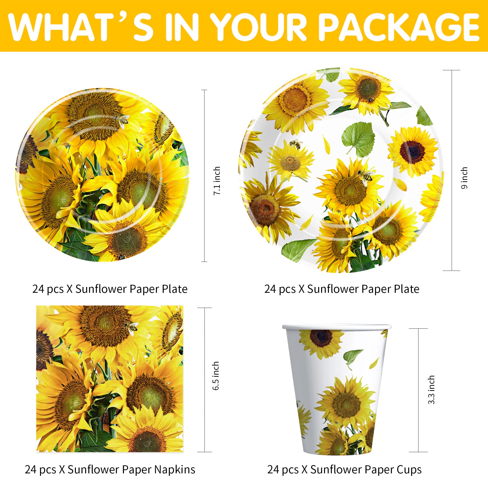 APOWBLS Sunflower Party Decorations Dinnerware, Sunflower Party Supplies For Birthday, Baby Shower, Bridal Shower, Plate, Cup, Napkin, Tablecloth, Cutlery, Straw, Sunflower Table Decorations, Serve 24