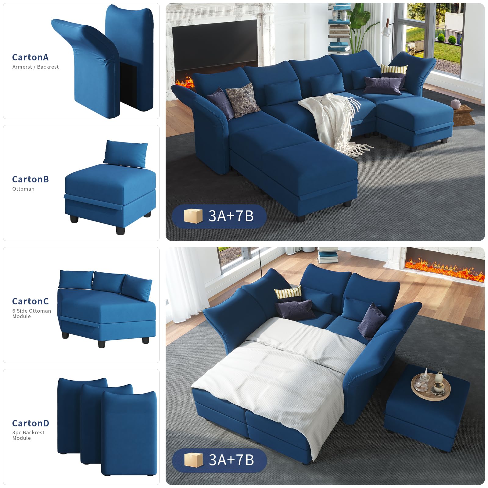 LLappuil Oversized Sleeper Sectional Sofa Couch, 102.2" 9-Seater Bed Shaped Modular Sectional Sofa with Storage Chaise, High Back Recliner Velvet Couches, Anti-Scratch Blue