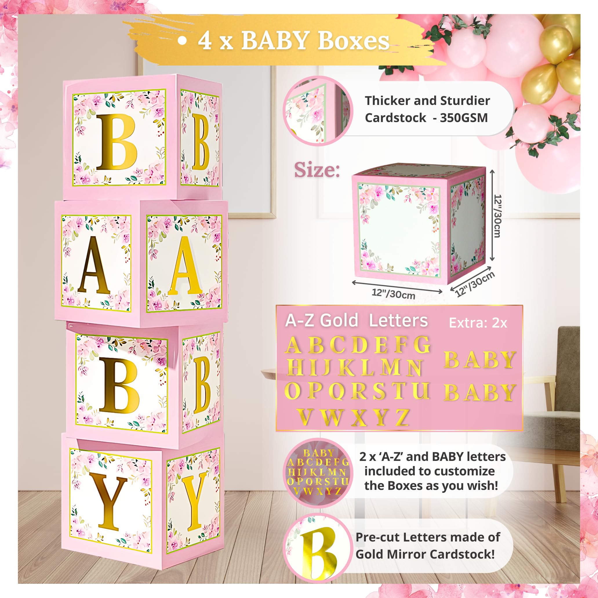 338 PC Baby in Bloom Baby Shower Decorations for Girl - Balloon Arch Garland & Baby Boxes with Letters, Backdrop, Cake topers, Sash and More - Floral Baby Shower Decorations Pink and Sage Green