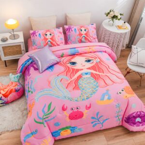 Aimuan Girls Tail Glitter Comforter Set for Women, Mermaid Fish Bedding Set 6Pcs in a Bag Pink Quilt Set for Girls Bedroom (Pink, Full 6Pcs)