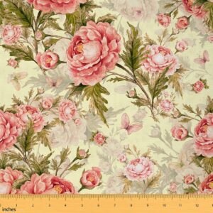 retro flowers fabric by the yard pink wild blooming floral decor fabric for girls sewing lovers watercolor buttefly vintage garden style fabric for room decor and diy upholstery 1 yard