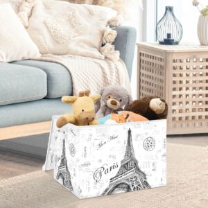 Kigai Paris Eiffel Tower Lidded Home Storage Bins, Foldable Storage Basket with Double Handle, Flip-Top Storage Box for Toys Clothes Documents