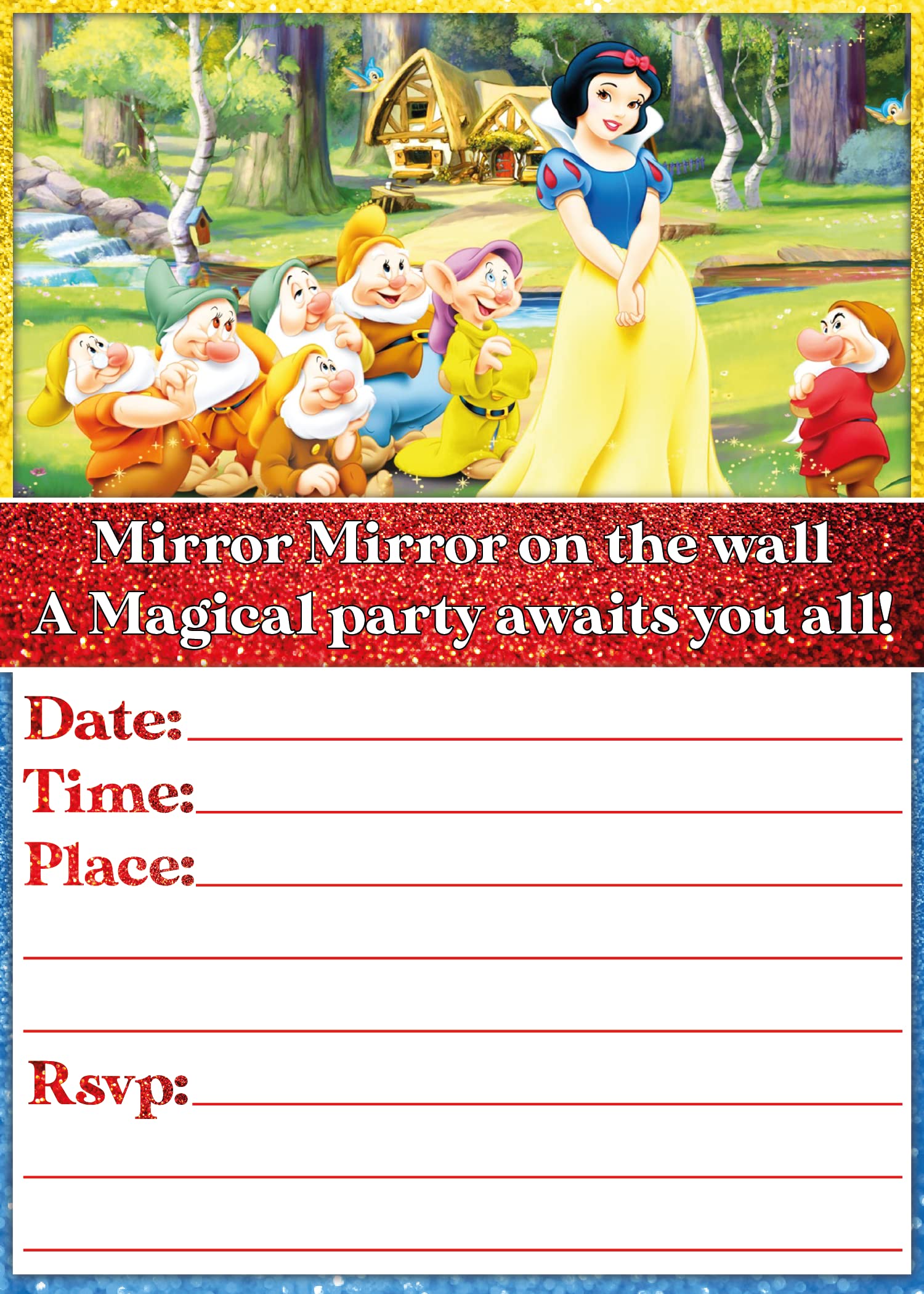 Set of 20 Snow White -Themed Happy Birthday Invitation Cards & Envelopes - Lightweight (240g), Postcard Style Invites for the Perfect Party Pack