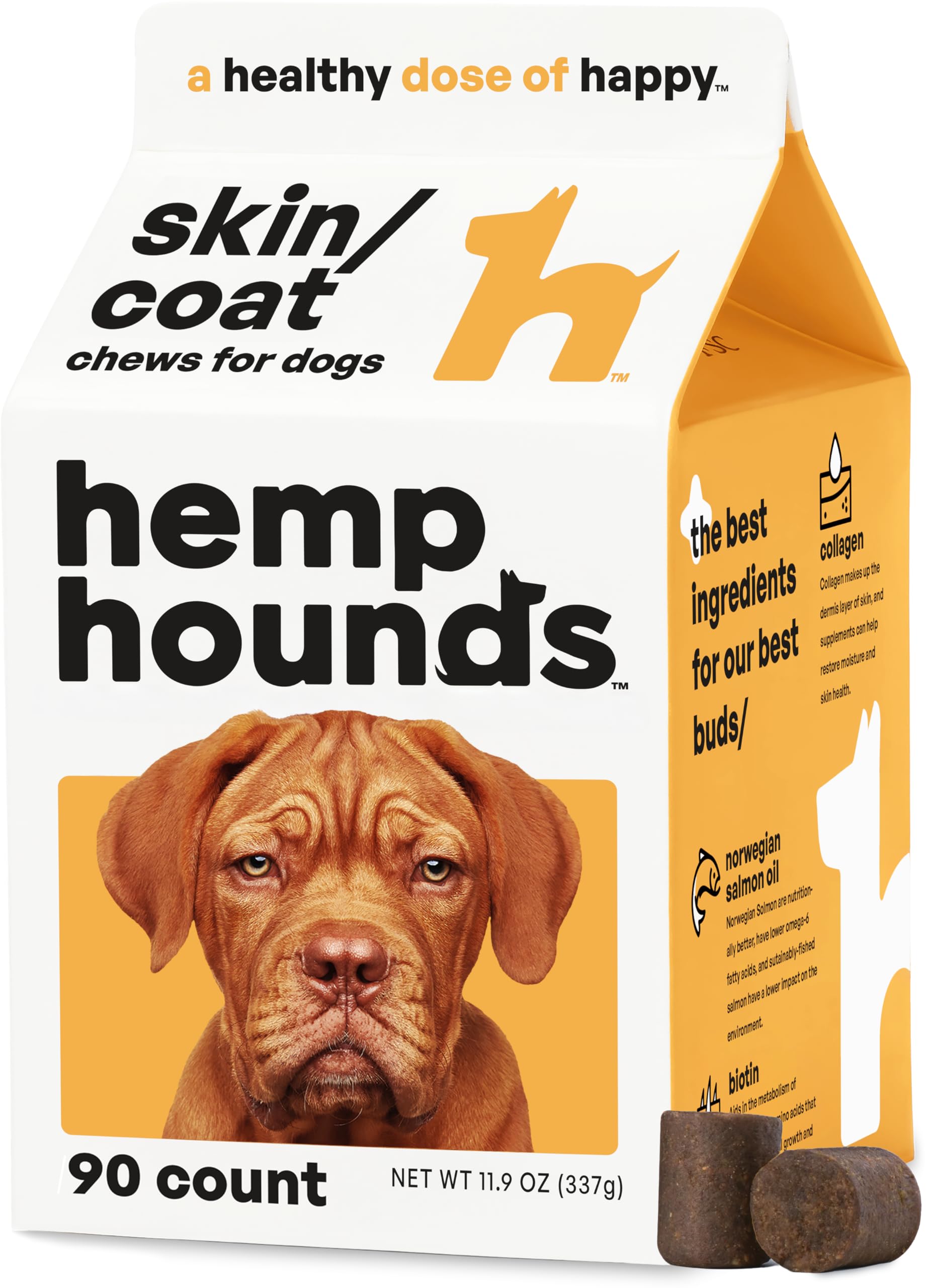 Hemp Hounds - Adaptogenic Skin and Coat Chews for Dogs - 90 Chews - Nutrient Rich Dog Allergy Relief - Omega 3-6-9 - Norwegian Salmon Oil - Collagen - Turmeric - Beef Flavor - Dog Itch Relief