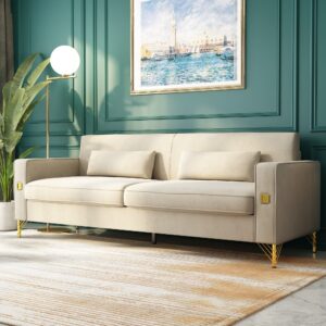 anttybale 85" velvet sofa,mid-century modern chesterfield 3 seat comfy couch with pillows set of 2 for living room,bedroom,apartment furniture with gold metal legs (p18-beige)