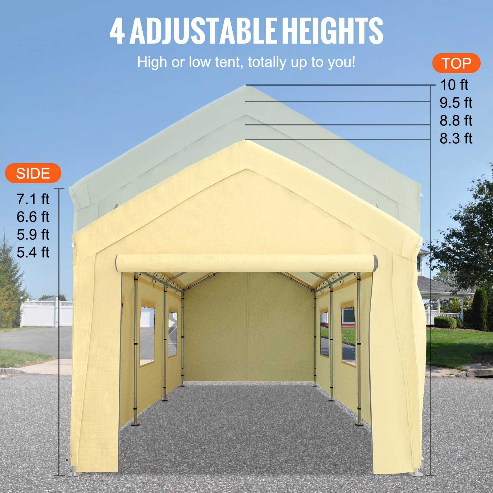 VEVOR 10 x 20 ft Carport Car Canopy, Heavy Duty Garage Shelter with 8 Legs, Removable Sidewalls and Windows, Car Garage Tent for Party, Boat, Adjustable Peak Height from 8.3 ft to 10 ft, Yellow