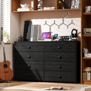 Furnulem Wide Dresser with 8 Fabric Drawers, TV Entertainment Center with Storage for 55'' TV, Large Chest of Drawers for Bedroom, Living Room, Dorm, Closet, Entryway, Wood Top (Black Oak)