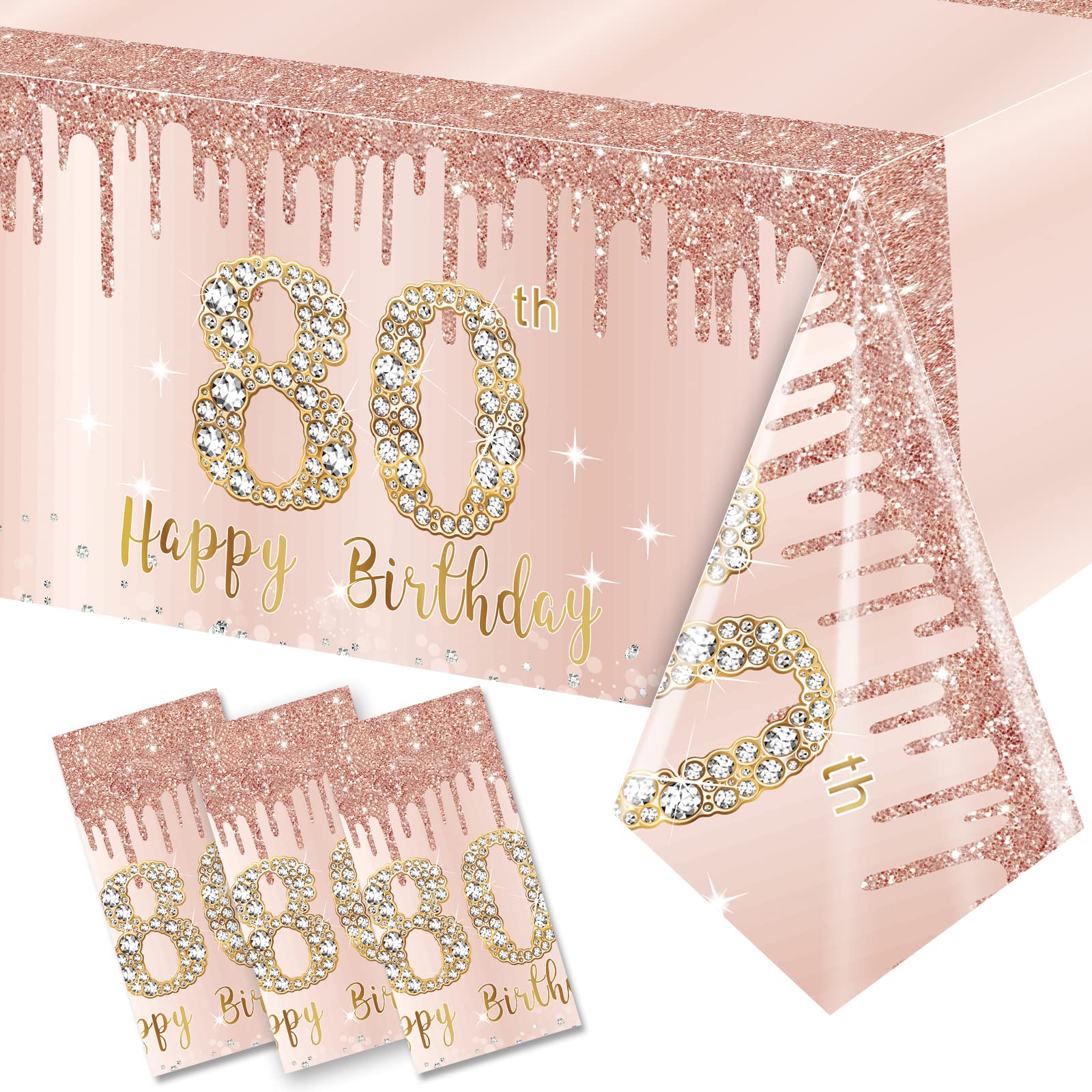 Excelloon 3 Pack 80th Birthday Tablecloth Decorations for Women, Pink Rose Gold Happy 80 Birthday Table Cover Party Supplies, 80 Year Old Birthday Plastic Disposable Rectangular Table Cloth Decor