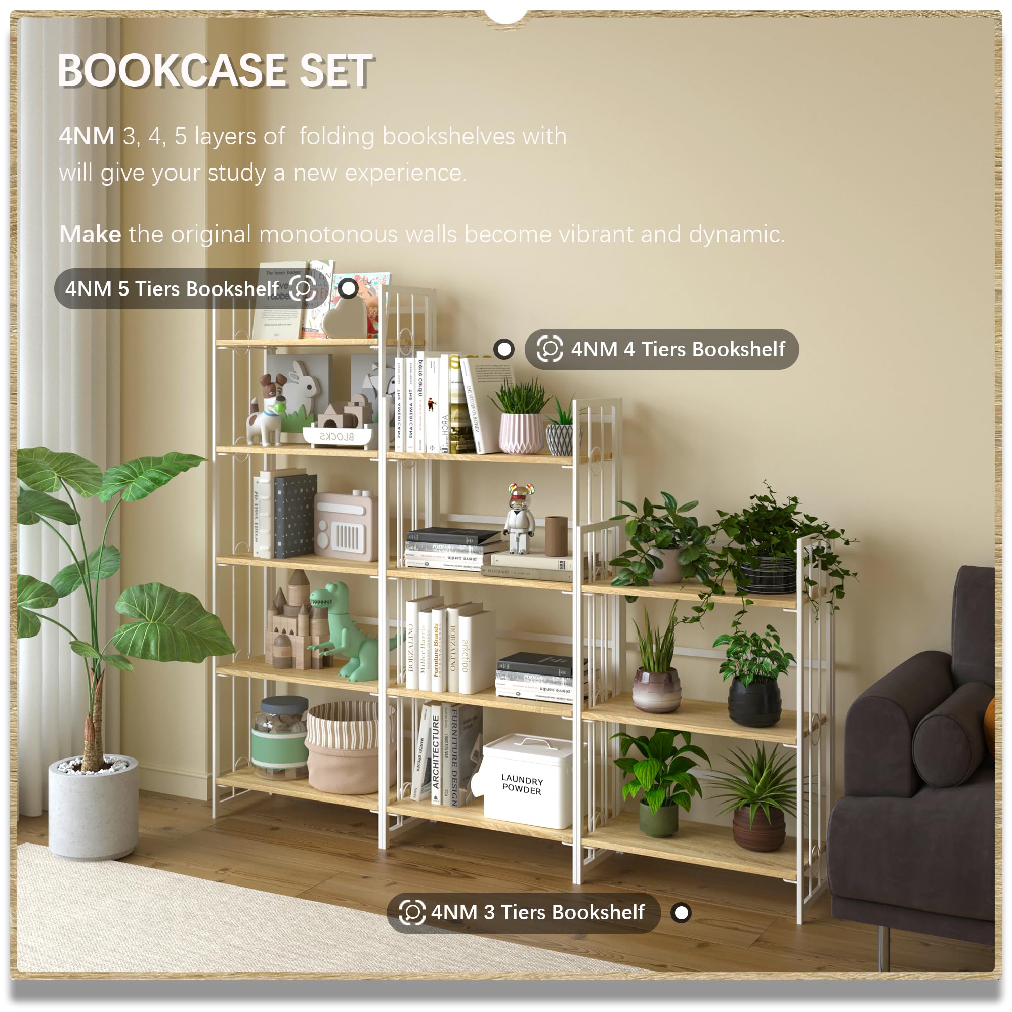 4NM No-Assembly 4 Tiers Folding Bookshelf Storage Shelves Vintage Bookcase Standing Racks Study Organizer Home Office - Natural and White