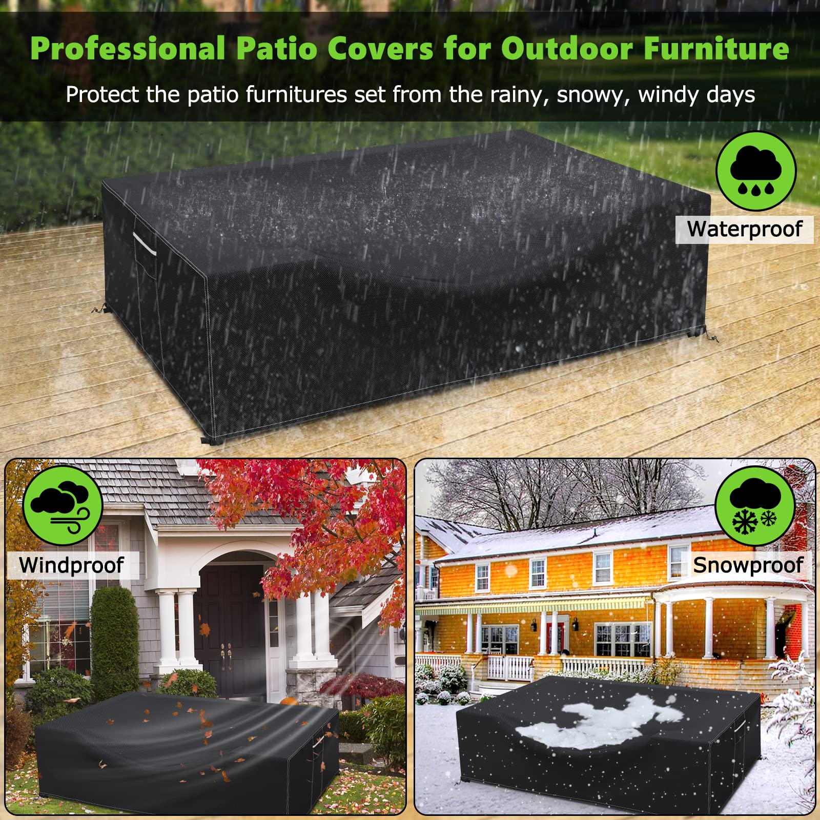 HIGHTQURO Patio Furniture Covers Waterproof, 600D Outdoor Furniture Covers Waterproof, Square Outdoor Sectional Sofa Set Covers, Extra Large Patio Covers for Outdoor Furniture, 126"x126"x28"-Black