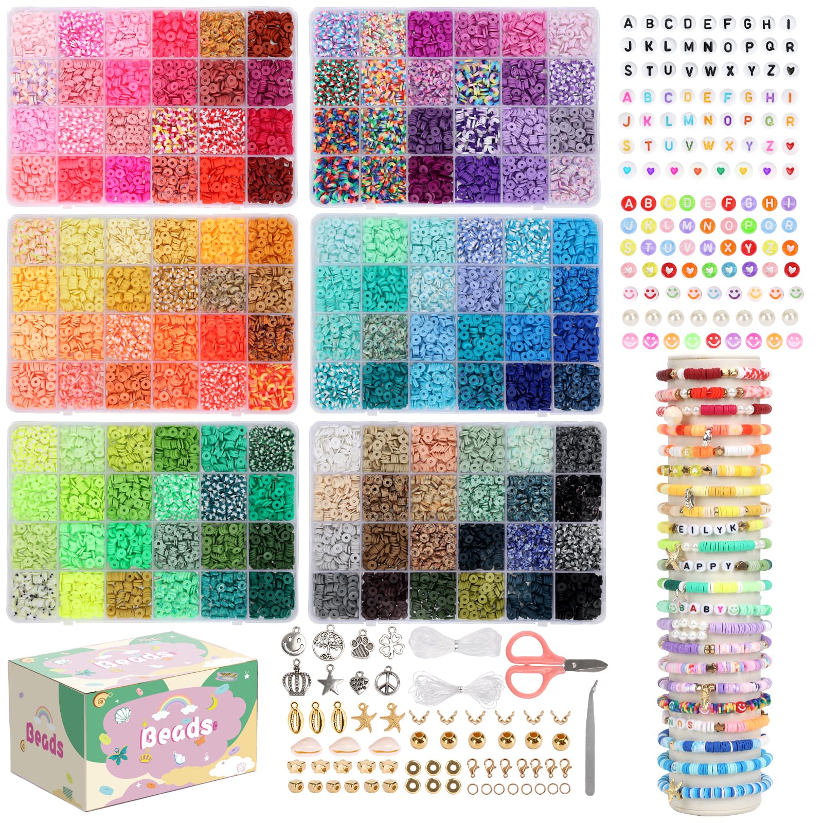 QUEFE 15000 Clay Beads Bracelet Making Kit, 144 Colors 6 Boxes Friendship Bracelet Charm Concert Bracelets Merch Flat Beads, Polymer Heishi Beads for Jewelry Making, for Crafts Christmas Gifts