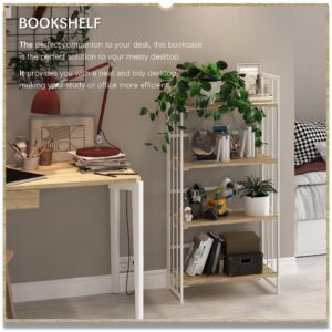 4NM No-Assembly 4 Tiers Folding Bookshelf Storage Shelves Vintage Bookcase Standing Racks Study Organizer Home Office - Natural and White