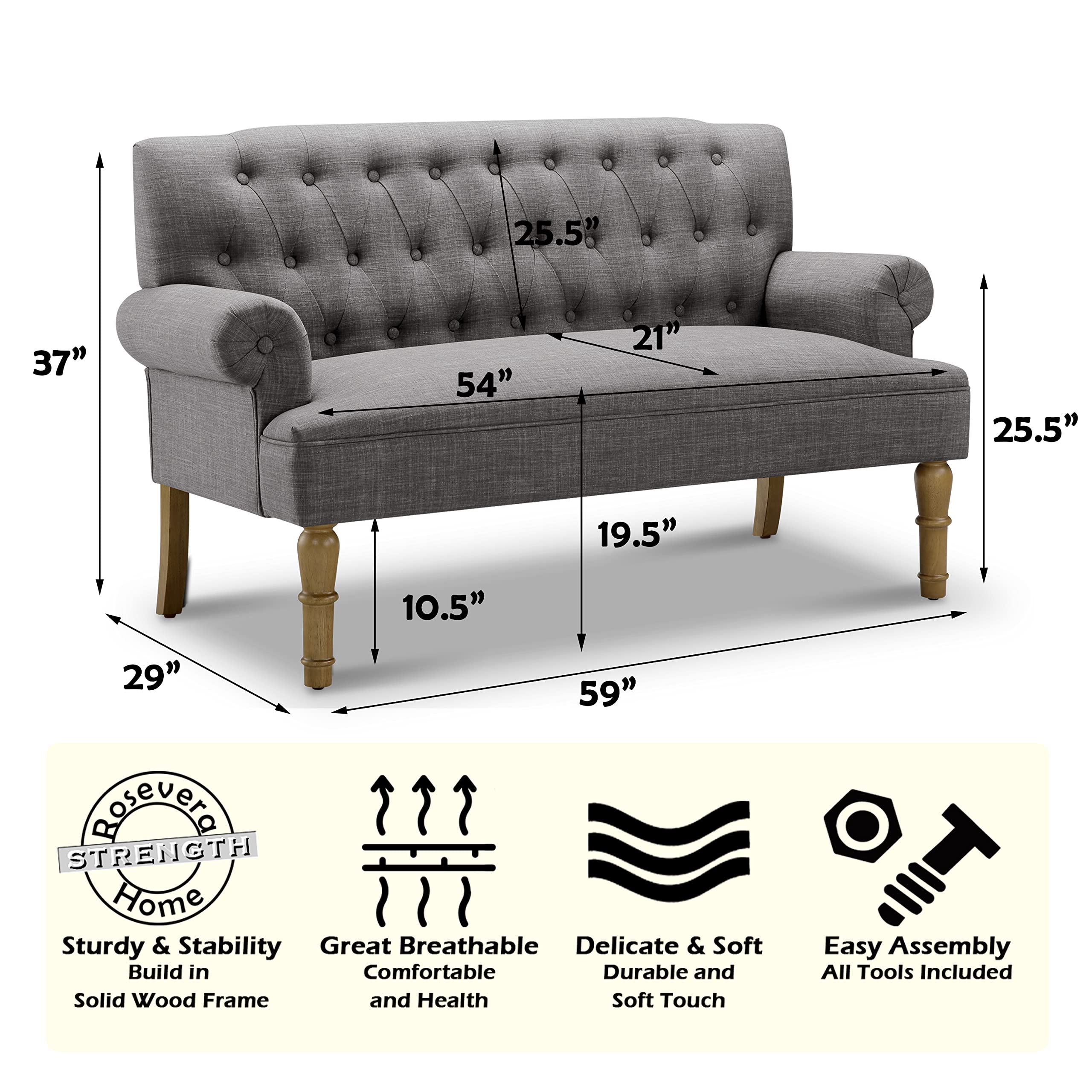 Rosevera Loveseat Sofas for Living Room Loveseat Couch for Living Room Couch in a Box Sofa para Sala Love Seats Furniture Sofa Long Couches for Living Room Settee Loveseat, Linen, Linen Gray