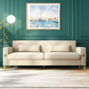 ANTTYBALE 85" Velvet Sofa,Mid-Century Modern Chesterfield 3 Seat Comfy Couch with Pillows Set of 2 for Living Room,Bedroom,Apartment Furniture with Gold Metal Legs (P18-Beige)