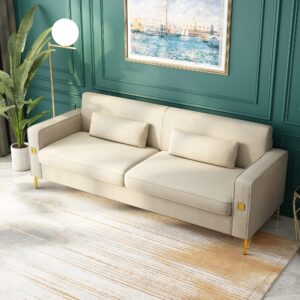 ANTTYBALE 85" Velvet Sofa,Mid-Century Modern Chesterfield 3 Seat Comfy Couch with Pillows Set of 2 for Living Room,Bedroom,Apartment Furniture with Gold Metal Legs (P18-Beige)