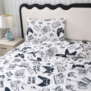 SDIII 4PCS Black and White Gamer Bedding Sheet Twin for Boys Girls Teens and Kids, Bed in a Bag Sheets Set Twin, Video Game Bed Sheet Set on Amazon, Twin