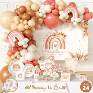 408 pc boho baby shower decorations for girl - backdrop, balloon arch garland, plates, napkins, straws, sash, cake toppers, guestbook, confetti, favor stickers - rainbow baby shower decorations