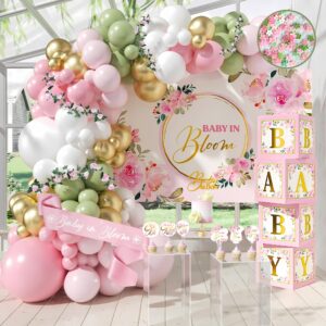 338 pc baby in bloom baby shower decorations for girl - balloon arch garland & baby boxes with letters, backdrop, cake topers, sash and more - floral baby shower decorations pink and sage green