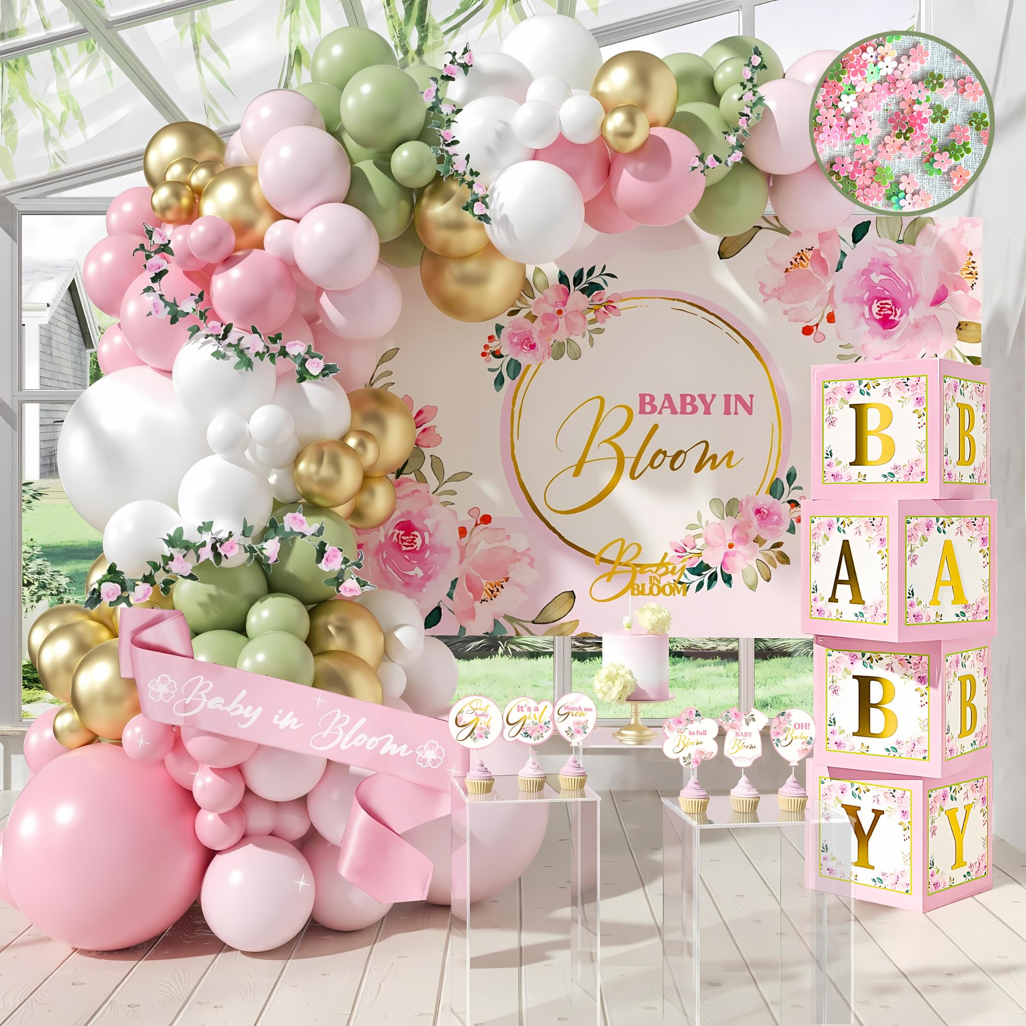 338 PC Baby in Bloom Baby Shower Decorations for Girl - Balloon Arch Garland & Baby Boxes with Letters, Backdrop, Cake topers, Sash and More - Floral Baby Shower Decorations Pink and Sage Green